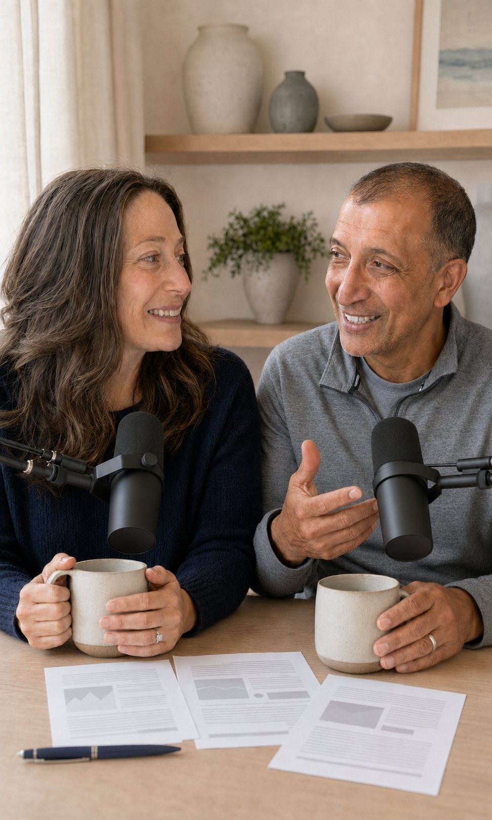 Two PRISM Rounds hosts discussing medical research at their podcast microphones